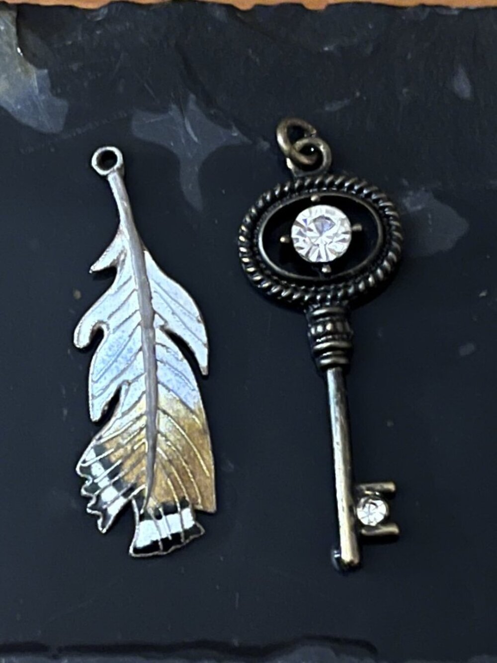 Vintage Whimsigoth Key & Enamel Feather Charm Set